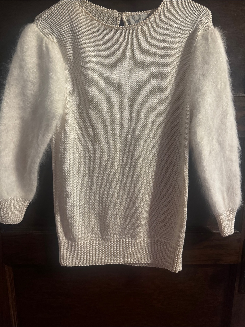 Vintage Nannell Women’s Cream Crewneck Sweater with Fuzzy Puff Sleeves